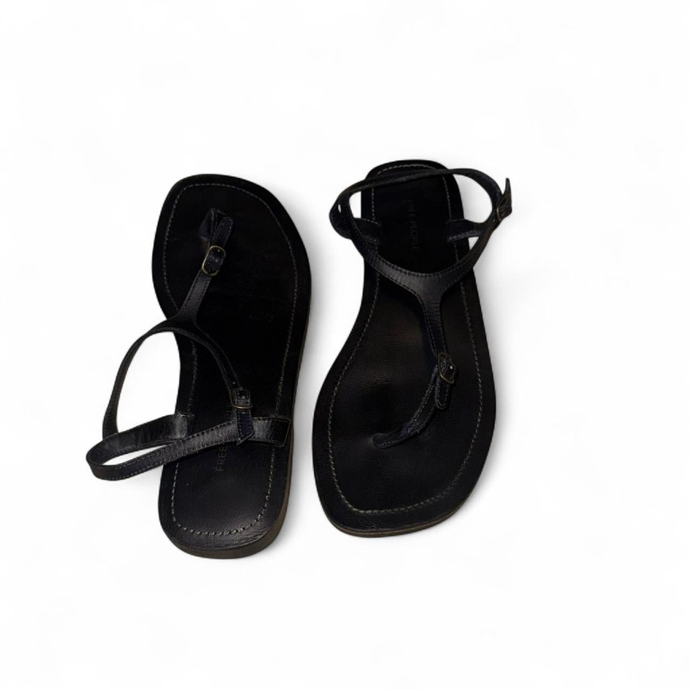 Free People Black Leather Square Toe Flat Sandals with Buckles